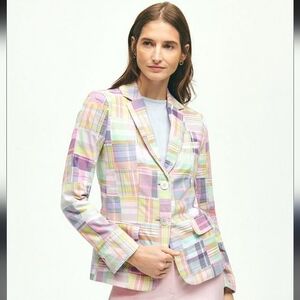 Brooks Brothers Cotton Women's Madras Plaid Patchwork Pastel Blazer Size 2 Prep
